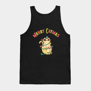 Merry Catmas Orange Tabby Cat wrapped in Christmas Lights Tank Top